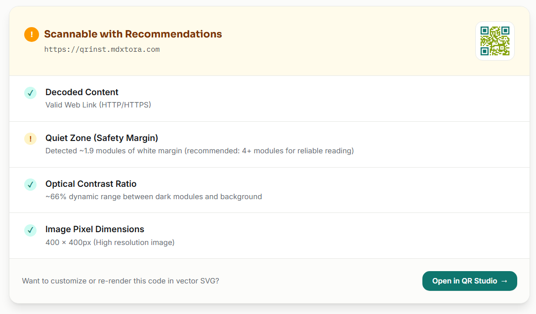 QR checker result: Scannable with Recommendations, valid web link, quiet zone warning, contrast about 66 percent