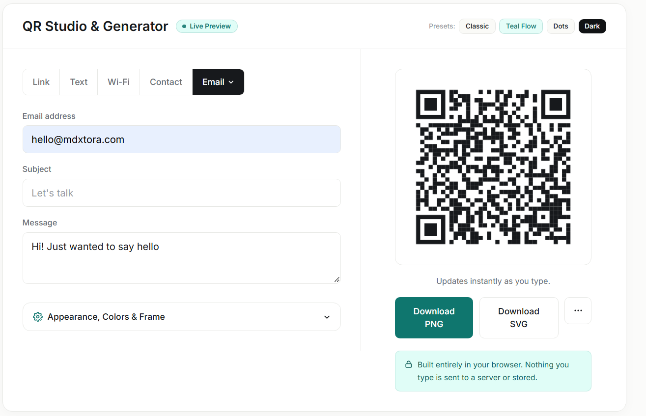 QRinst Email tab with an address, empty subject and a short message and the resulting QR code