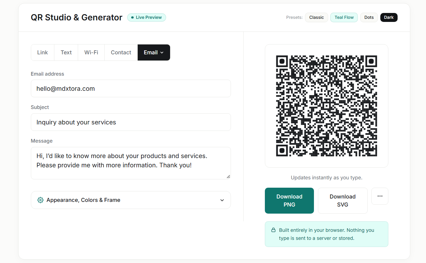 QRinst Email tab with a long message producing a very dense QR code