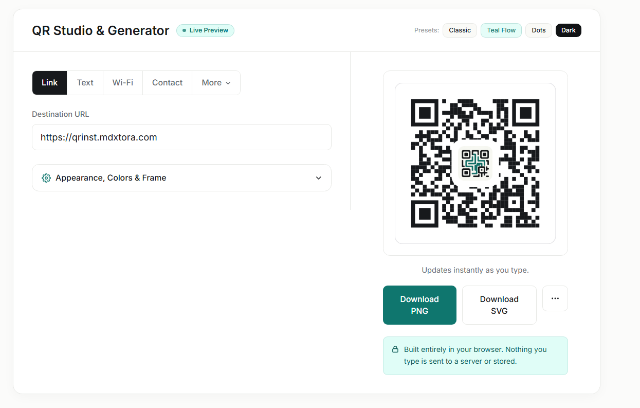 QRinst generator with Download PNG, Download SVG and a menu button under the QR preview