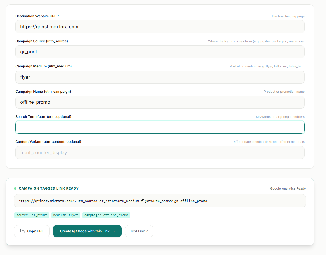 QRinst UTM builder with source qr_print, medium flyer and campaign offline_promo and the resulting tagged link