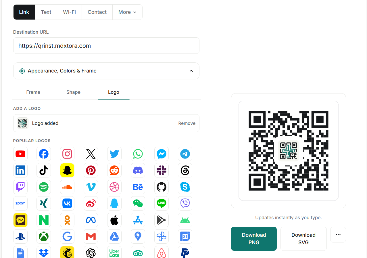 QRinst Logo tab showing Logo added and a grid of popular logos beside the live QR preview